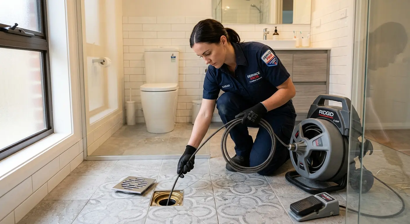 Technician clearing a bathroom floor drain for Drain Repair in Mount Vernon